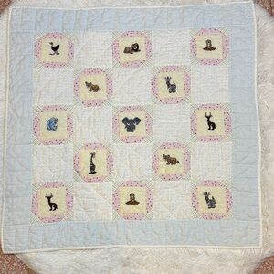 Handmade Patchwork Embroidered Animal Baby Quilt Cotton Flannel 35” x 35”